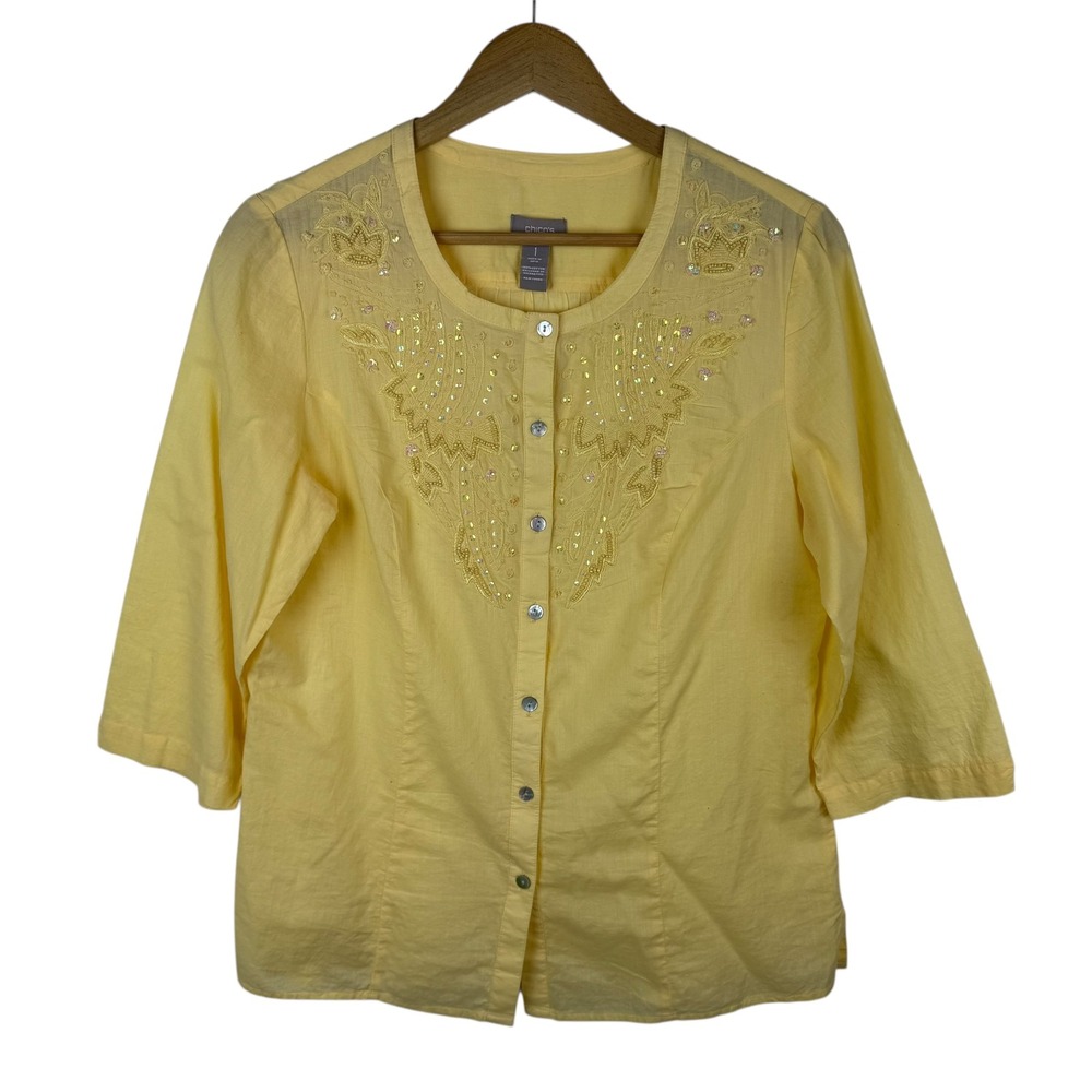 Chicos Embroidered Sequin Button Up Shirt Sz 1 (M) Butter Yellow Coastal Cowgirl